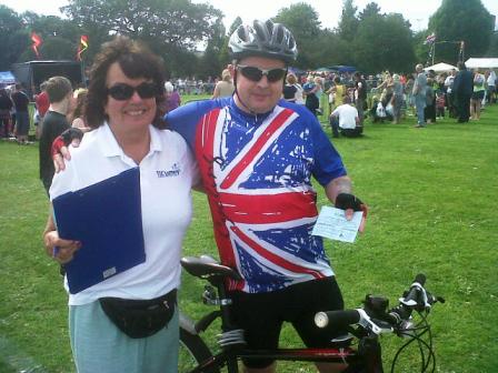 anne bebb with a team gb cyclist fan at northfield carnival aug 2012
